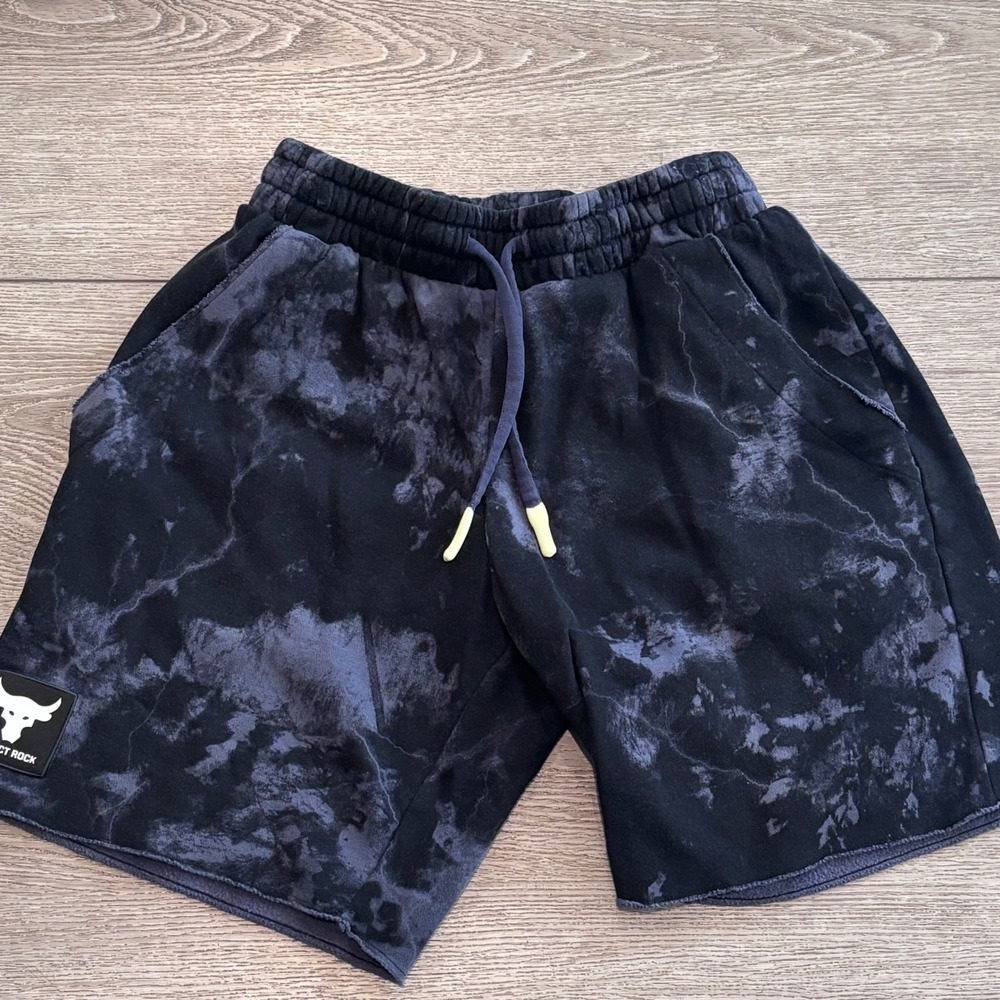 Under Armour Project Rock Shorts Mens Small Black Marble Tie Dye Terry Athletic